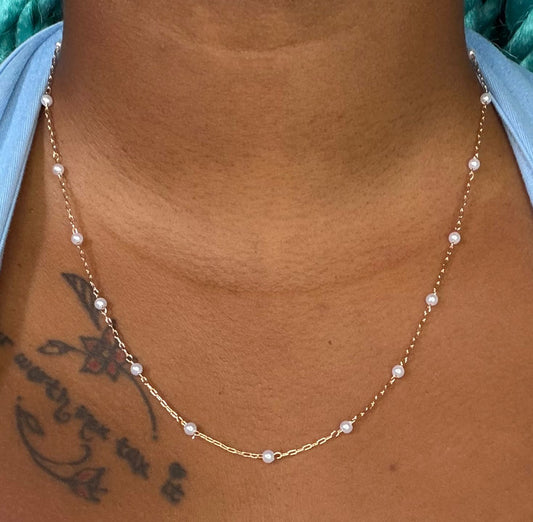 Gold Fine Pearl Station Necklace