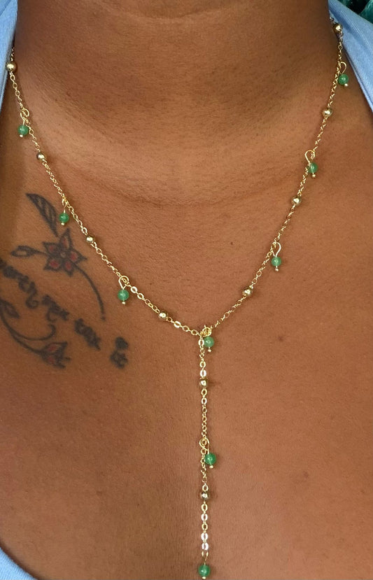 Gold Plated Green Semi Precious Ball Y-Necklace