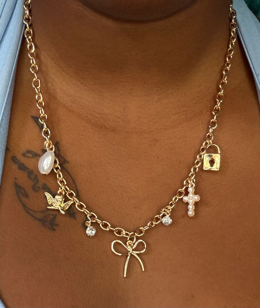 Gold Bow & Cross Charm Necklace