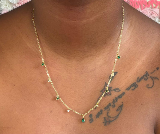Cubic Zirconia Emerald Pear Dainty Station Necklace